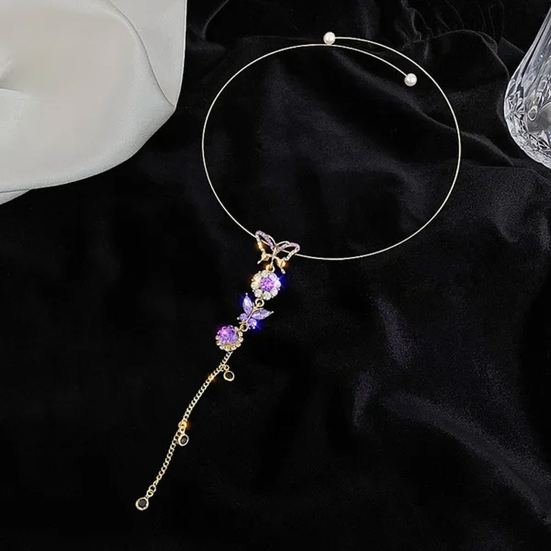 Elegant Metal Round Chain Choker Jewelry for Women Girls Fashion Purple Crystal Butterfly Necklace