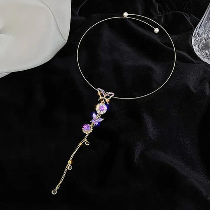 Elegant Metal Round Chain Choker Jewelry for Women Girls Fashion Purple Crystal Butterfly Necklace