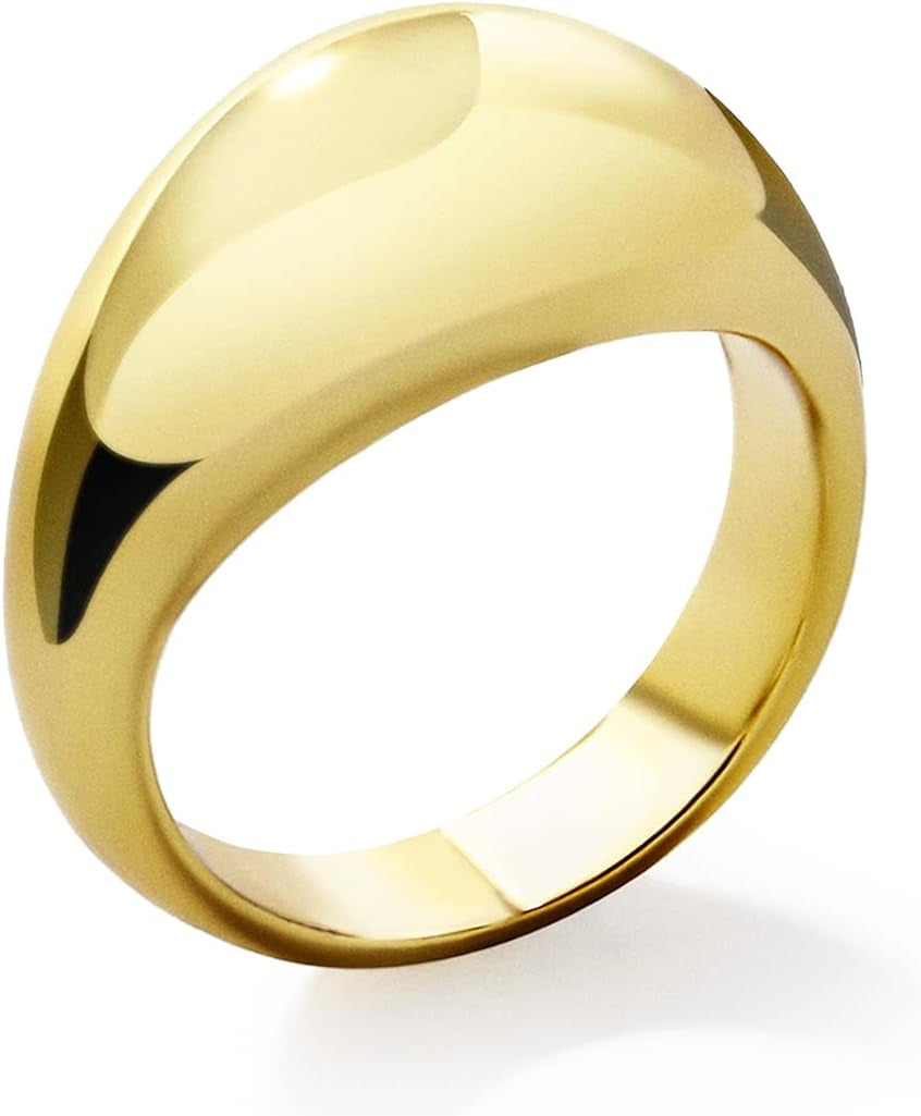 Chunky Rings for Women, 18K Gold Plated Simple Dome Statement Rings for Women Stackable Thick Band Rings Silver Gold Plated Ring Minimalist Signet Ring, Size 5 to 10
