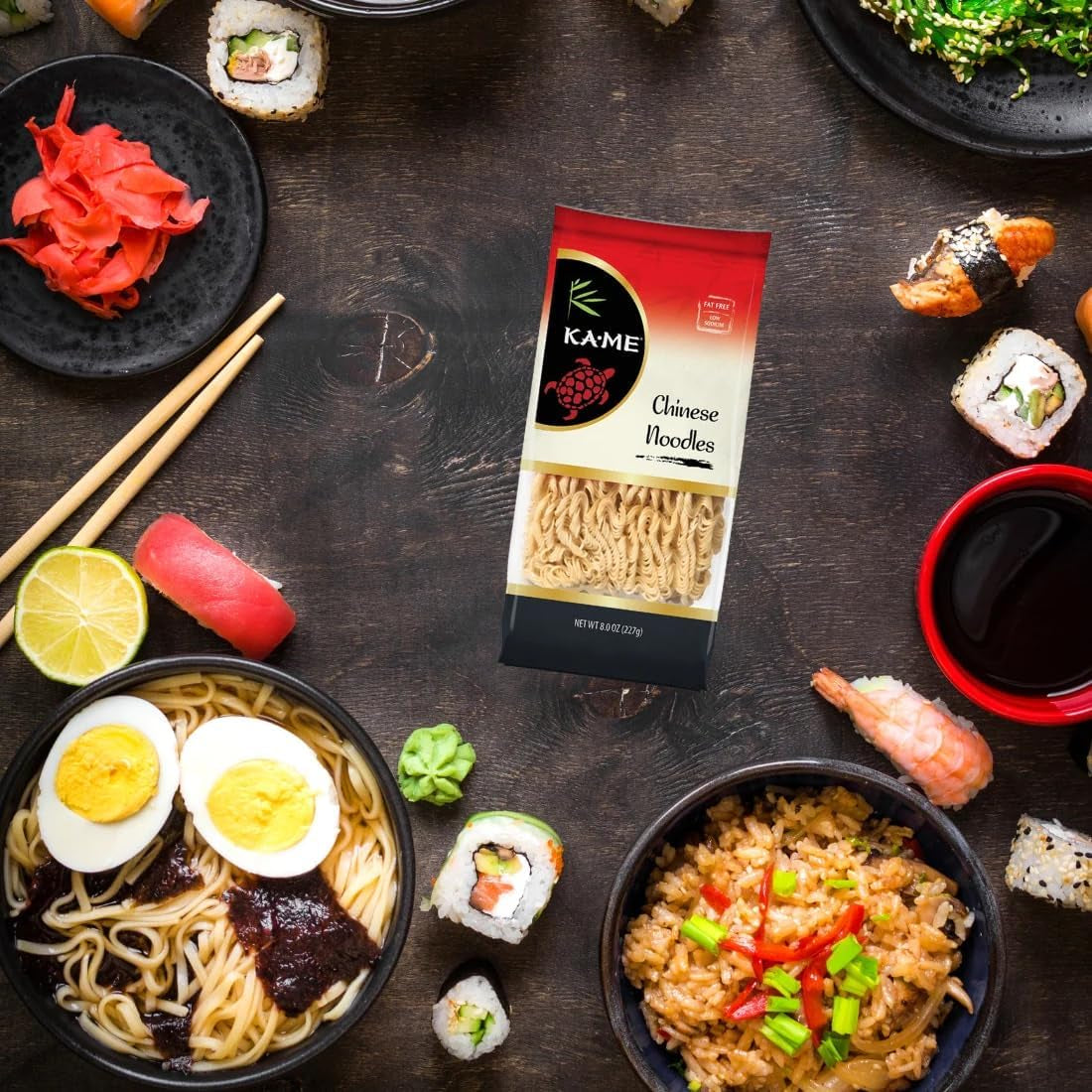 KA-ME Chinese Noodles, Low Fat, Low Sodium, 8Oz Pouches (3 Pack) | Bundled with  Bamboo Chopsticks -Perfect for Quick, Authentic, and Delicious Meals