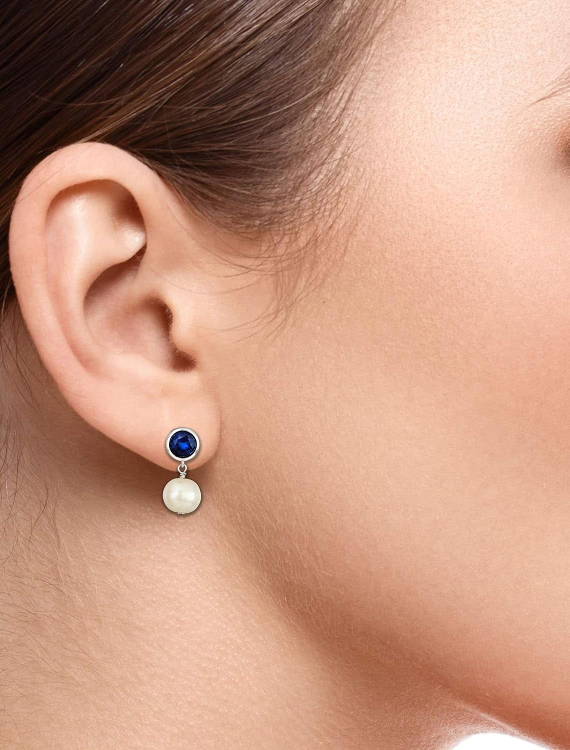 925 Sterling Silver Bezel-Set Gemstone Birthstone and 8Mm White Freshwater Cultured Pearl Post Drop Earrings