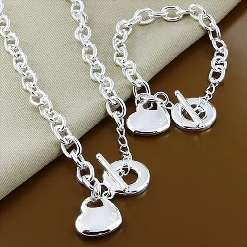 New Arrival 925 Sterling Silver Jewelry Sets Fashion Heart Necklace Bracelet Set OT