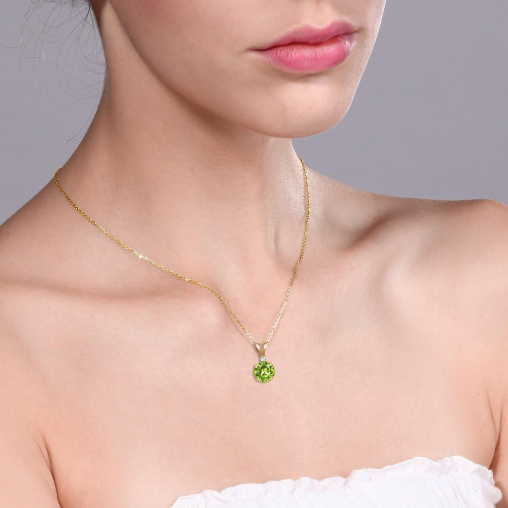 14K Yellow Gold Green Peridot and White Created Sapphire Pendant Necklace for Women (0.87 Cttw, Gemstone Birthstone, round 6MM)