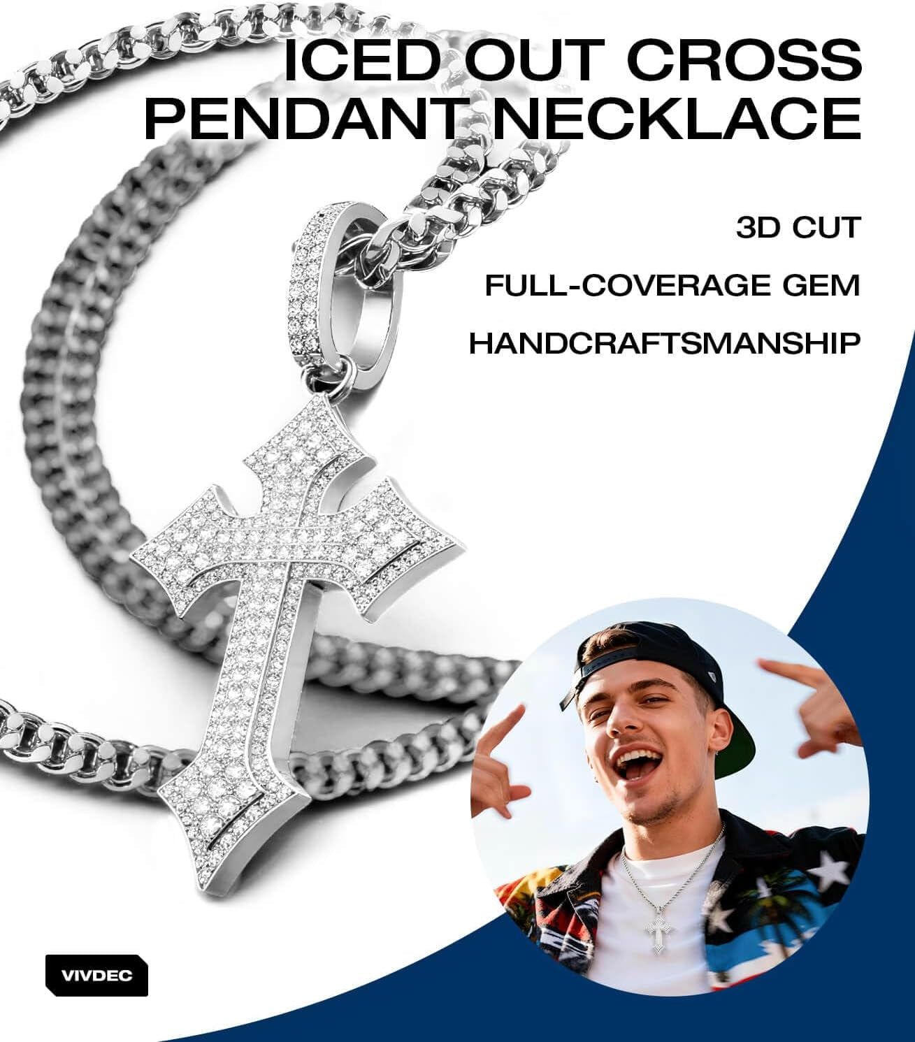Cross Necklace for Men, Diamond Necklace Iced Out Bling Pendant Cross Pendant with 24-Inch Miami Cuban Link Chain（14K Gold Plated/Silver）