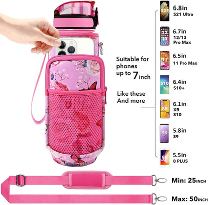 32 Oz Water Bottles with Straw & Strap, Motivational Water Bottles with Times to Drink, BPA Free Reusable Sports Water Bottle with Sleeve Carrier for Hiking, Travel, Running or Fitness