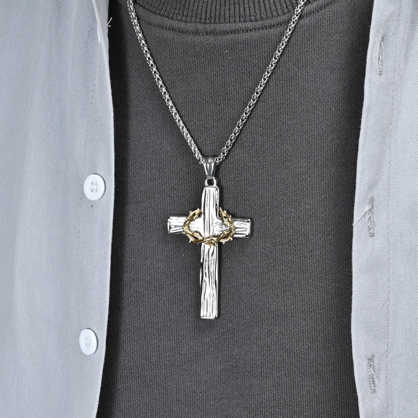 Cross Necklace for Men,Stainless Steel Black Silver Jesus Christ Crucifix Pendant Necklaces Meaningful Religious Jewelry，60Cm Rolo Chain - WORLD TIME VISITS