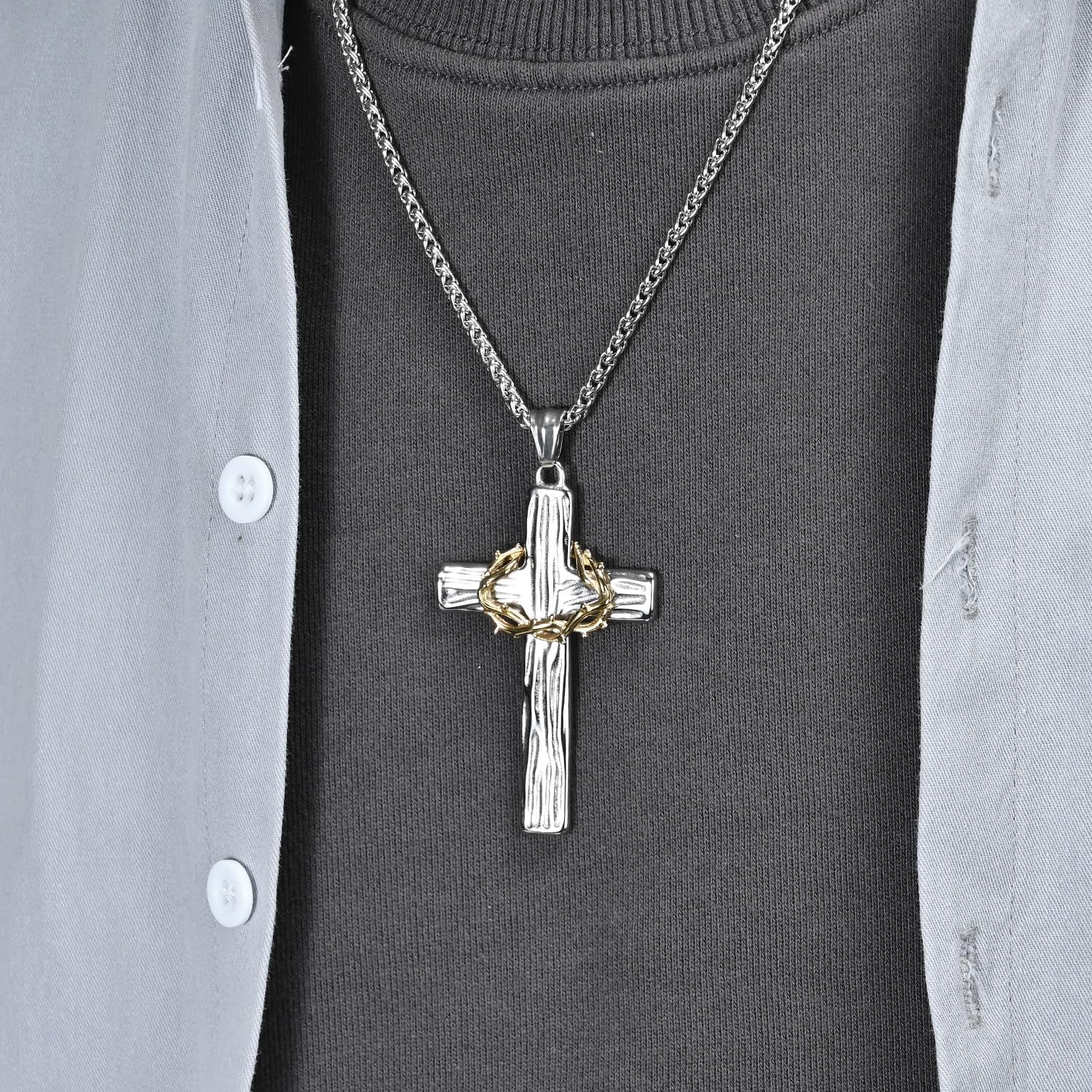 Cross Necklace for Men,Stainless Steel Black Silver Jesus Christ Crucifix Pendant Necklaces Meaningful Religious Jewelry，60Cm Rolo Chain - WORLD TIME VISITS