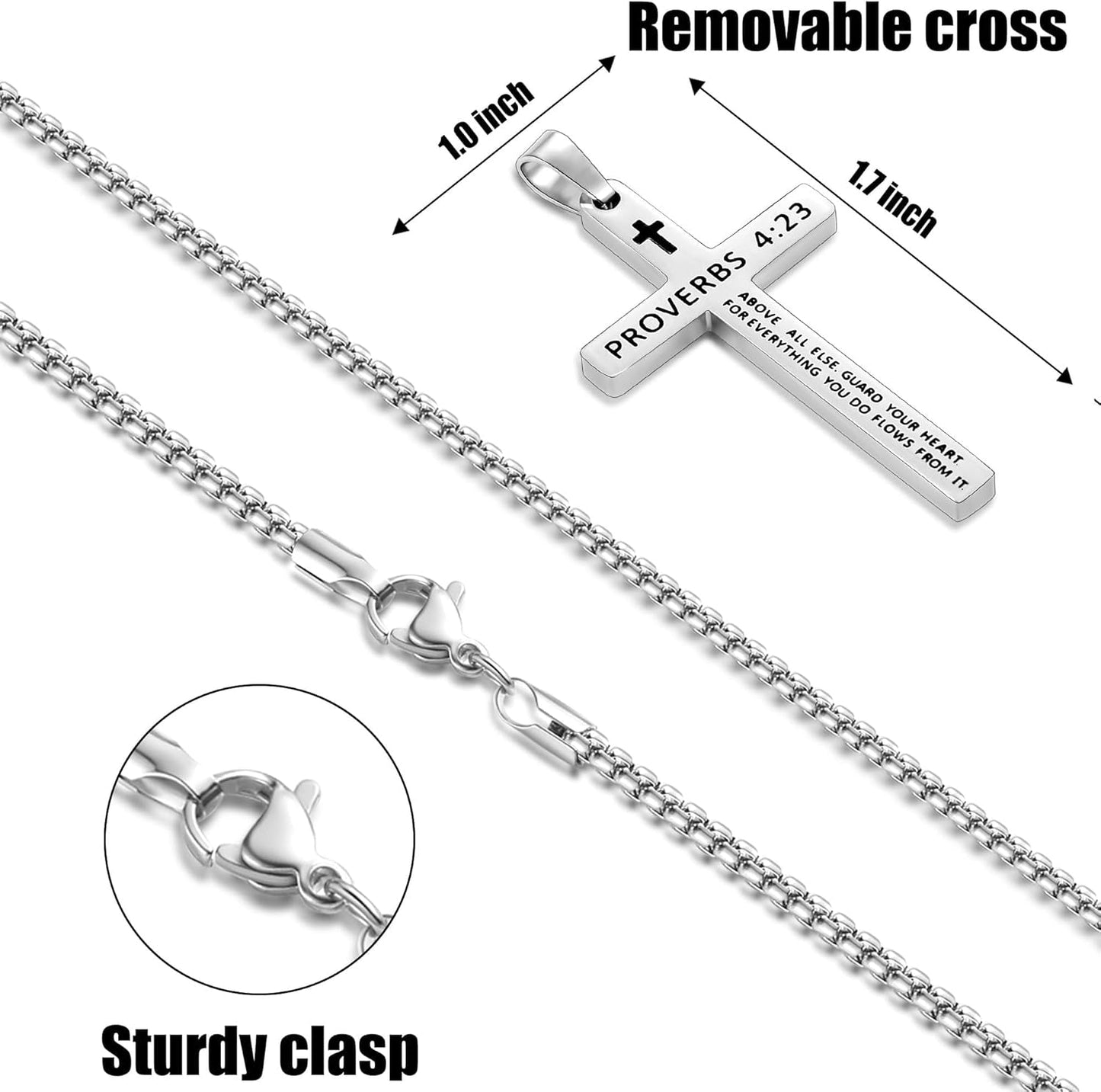 Bible Verse Cross Necklace for Men, Stainless Steel Mens Necklace, Black/Gold/Silver Tone Cross Pendant for Men
