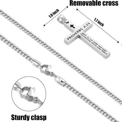 Bible Verse Cross Necklace for Men, Stainless Steel Mens Necklace, Black/Gold/Silver Tone Cross Pendant for Men