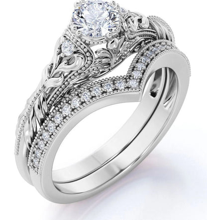 Engraved .68 Carat round Cut Real Diamond Victorian-Inspired Wedding Ring Set with Chevron Wedding Band in 10K White Gold