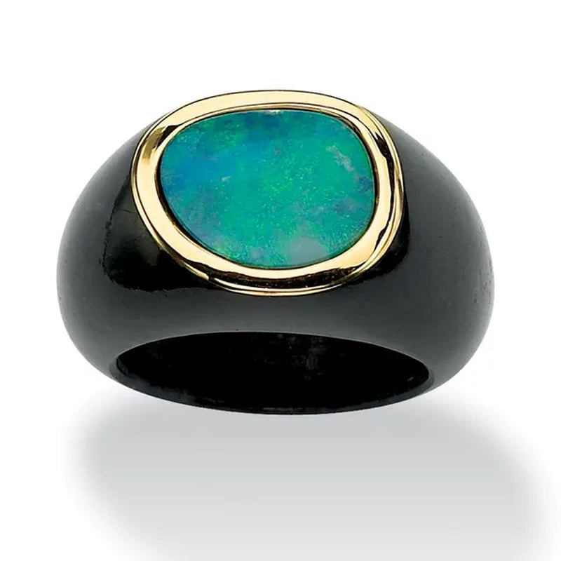 Genuine Blue Opal and Black Jade 10K Yellow Gold Bezel-Set Cabochon Ring