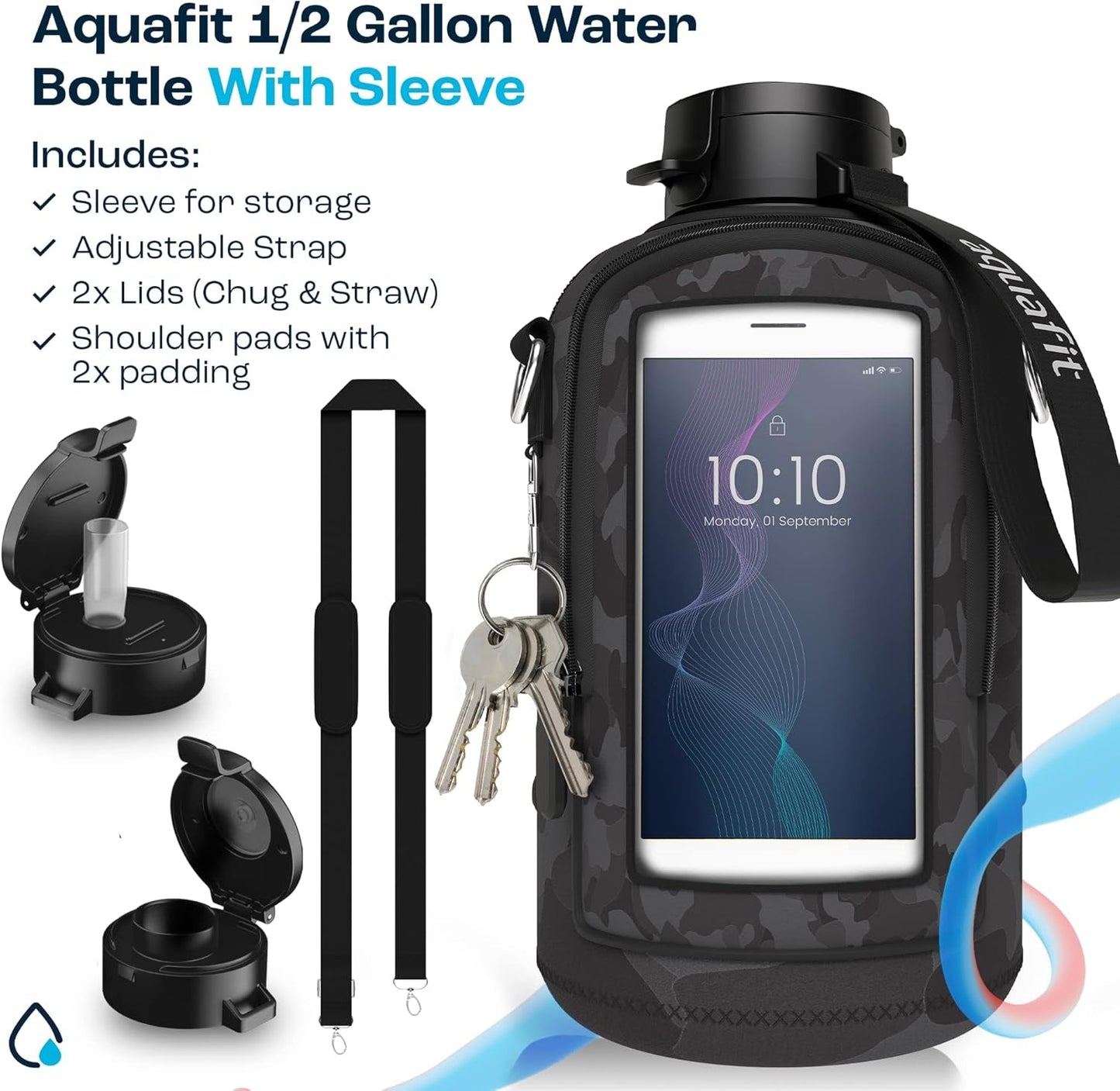 64 Oz Water Bottle with Time Marker - BPA Free Half Gallon Water Bottle with Straw - Gym Water Bottle with Handle, Gallon Water Jug, Big Water Bottle, Large Water Bottle (Camo, 64 Oz with Sleeve)