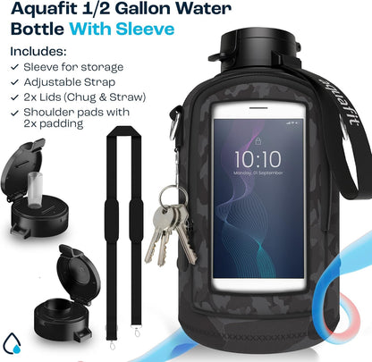 64 Oz Water Bottle with Time Marker - BPA Free Half Gallon Water Bottle with Straw - Gym Water Bottle with Handle, Gallon Water Jug, Big Water Bottle, Large Water Bottle (Camo, 64 Oz with Sleeve)
