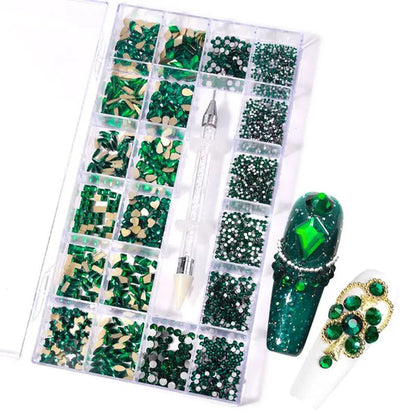 3000Pcs/Box Mixed AB Glass Crystal Diamond In Grids 21 Shape and  Flatback Nail Art Rhinestone Set with 1 Pick Up Pen