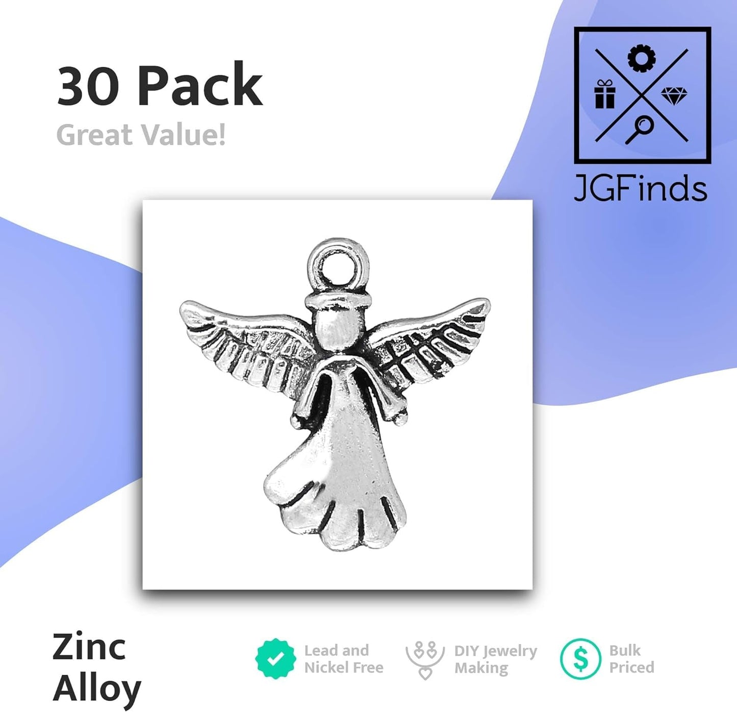 Angel Charm Pendants - 30 Pack of Silver Religious Charms, DIY Jewelry Making Supplies, Small 3/4 Inch Metal with Outstretched Wings for Bracelet, Necklace or Crafts