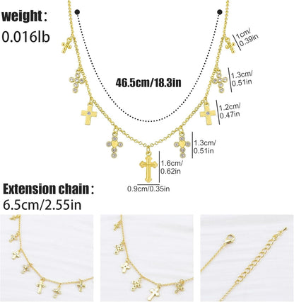 Gold Charm Necklace for Women 14K Gold Plated Cute Cubic Zirconia Rainbow Flower North Star Love Heart Cross Pendant Necklace Adjustable Chain Trendy Party Jewelry Gift for Women