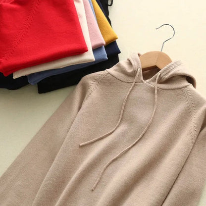 6 Colors Women Fashion Wool Pure Cashmere Casual Hooded Drawstring Pull Pullovers Plus Size S-XXL