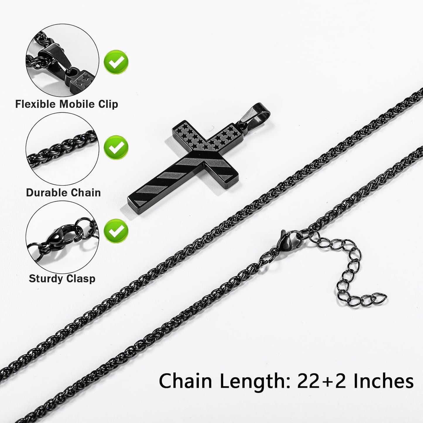 Valentines Day Gifts for Him Cross Necklace for Men Boys, 316L Stainless Steel American Flag Bible Verse Christmas Christian Catholic Baptism Confirmation Gifts 22+2 Inches