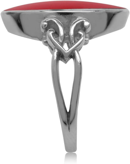 Oval Shape Created Red Coral Inlay 925 Sterling Silver Victorian Style Heart Knot Ring