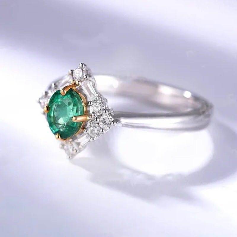 Oval Cut Emerald Engagement Ring Art Deco Ring Halo round and Baguette Diamond Vintage White Gold Wedding Ring Unique Anniversary Art Deco Size 5-11 Bague Femme