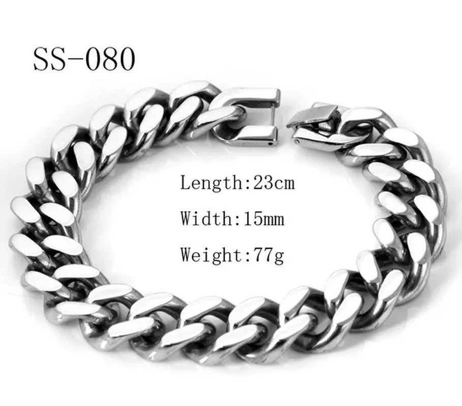 New Heavy Silver Tone 316L Stainless Steel Curb Chain Men'S Fashion Bracelet 9"