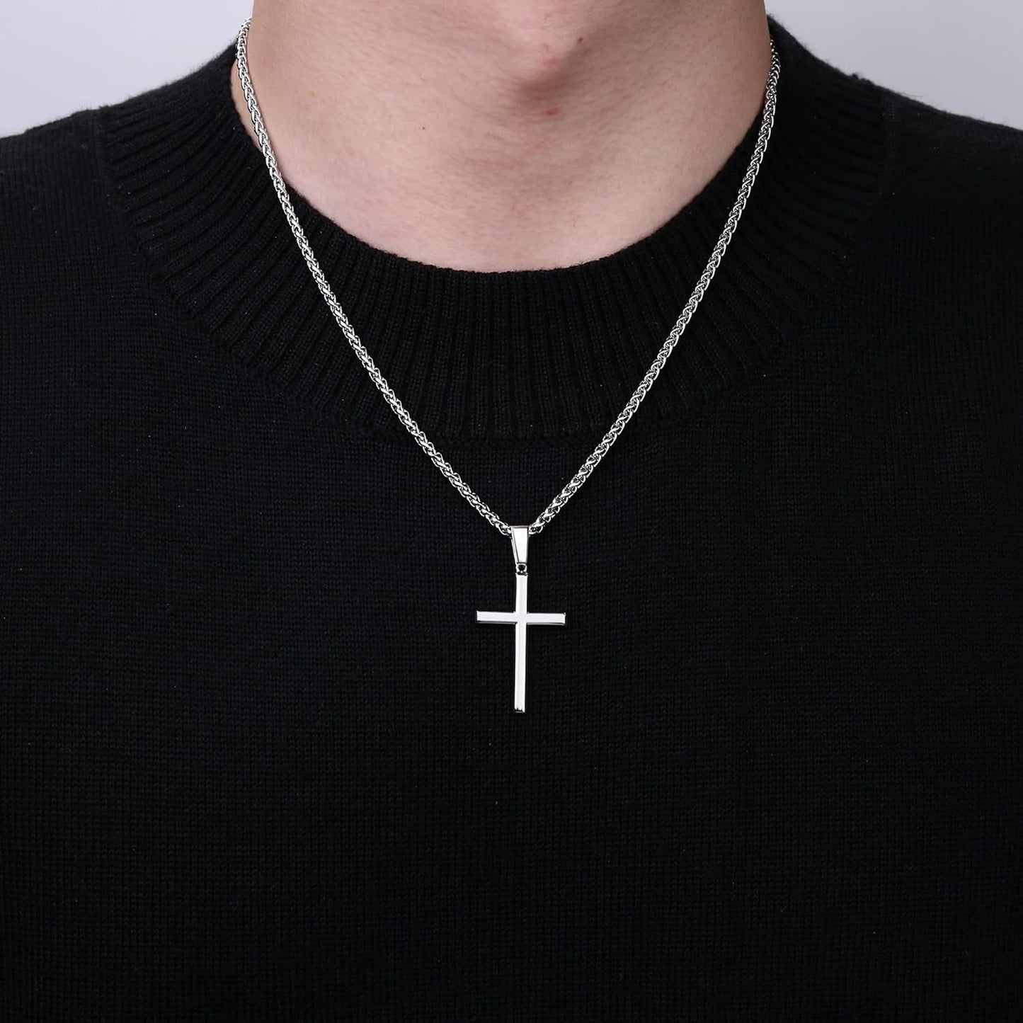 925 Sterling Silver Cross Necklace Men-Removable Silver Cross Pendant with Hypoallergenic 316L Stainless Steel Wheat Chain Crucifix Necklace Jewelry for Mens Women, 16-30 Inches
