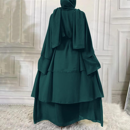 Muslim Chiffon Abaya for Women Open Front Cardigan Modest Dress with Hijab Scarf Middle East Arabian Robe Islamic Long Dress