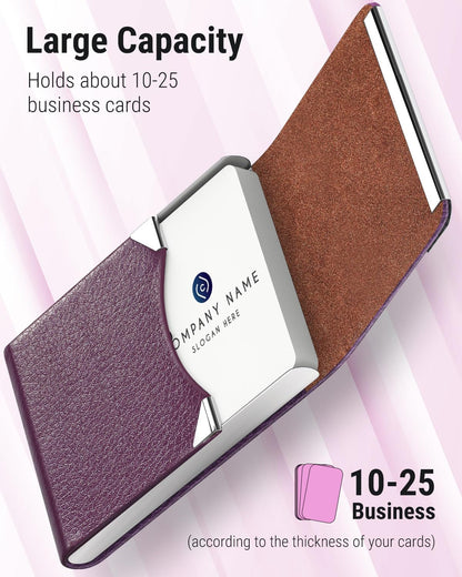 Business Card Holder, PU Leather & Stainless Steel Business Card Case for Men or Women, Slim Name Cards Holder RFID Blocking Credit Cards Carrier with Magnetic Closure, Purple