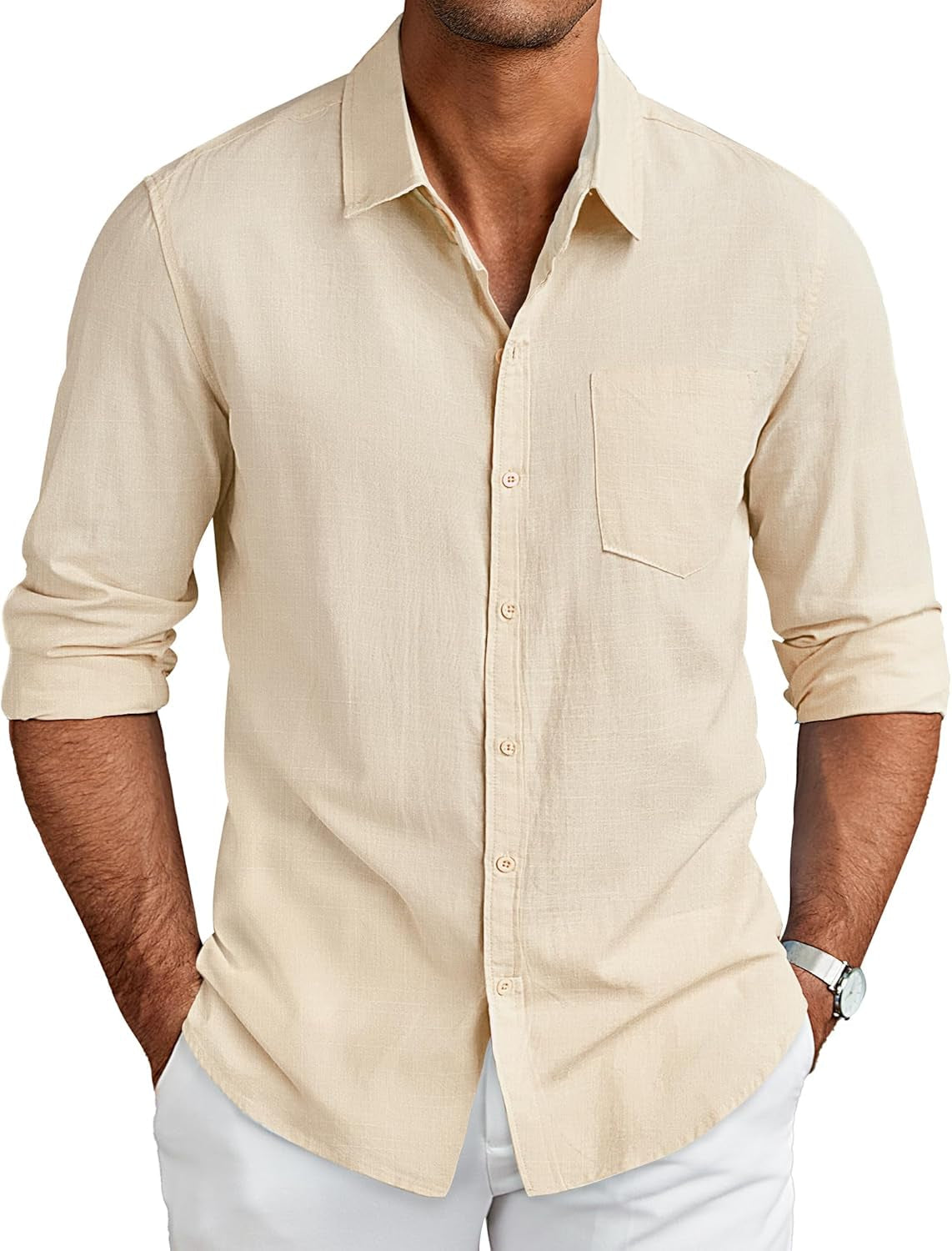 Men'S Long Sleeve Buttons down Shirts Casual Button up Shirts Beach Linen Shirt Untucked Dress Shirt Khaki