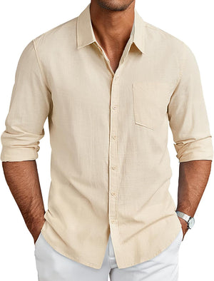Men'S Long Sleeve Buttons down Shirts Casual Button up Shirts Beach Linen Shirt Untucked Dress Shirt Khaki
