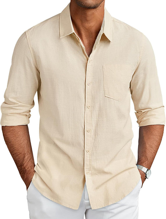 Men'S Long Sleeve Buttons down Shirts Casual Button up Shirts Beach Linen Shirt Untucked Dress Shirt Khaki