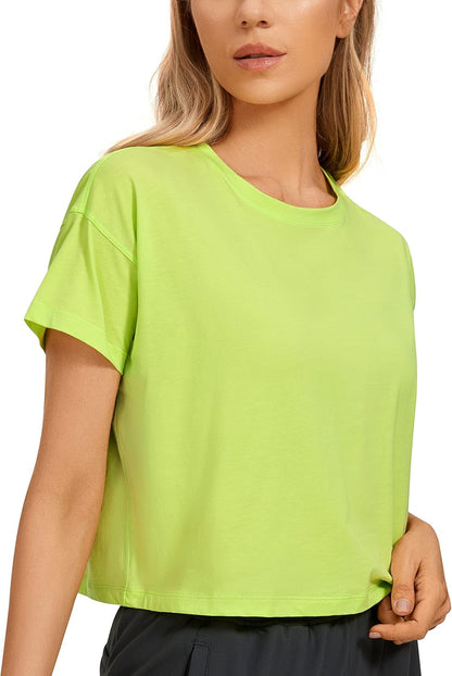 Women'S Pima Cotton Workout Short Sleeve Shirts Loose Athletic Crop Tops Gym Casual Cropped T-Shirt - WORLD TIME VISITS