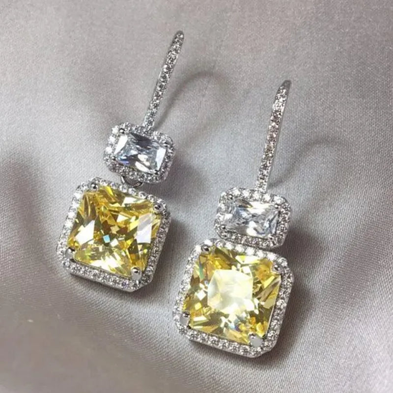 Fashion Women Square Citrine Vice Stone Diamond Earring Silver Plated White Sapphire Drop Earring Girl Wedding Anniversary Gift