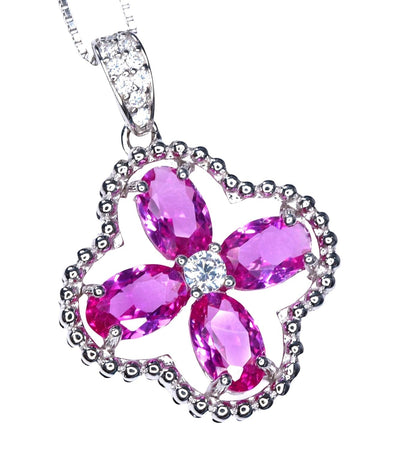 Pink Sapphire Jewelry Fuchsia Four Leaf Clover Pendant Green Peridot Necklace 18Kgp @ 925 Sterling Silver Adjustable Chain Ruby Aquamarine Amethyst Emerald Blue Sapphire Sunstone (Pink Sapphire)