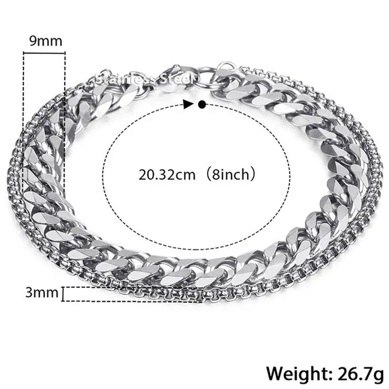 9mm Bracelet for Men Women Curb Cuban Box Link Double Chain Gold Silver Black Tone Gold Plated Stainless Steel Wristband Polished Fashion Jewelry