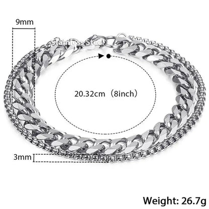 9mm Bracelet for Men Women Curb Cuban Box Link Double Chain Gold Silver Black Tone Gold Plated Stainless Steel Wristband Polished Fashion Jewelry