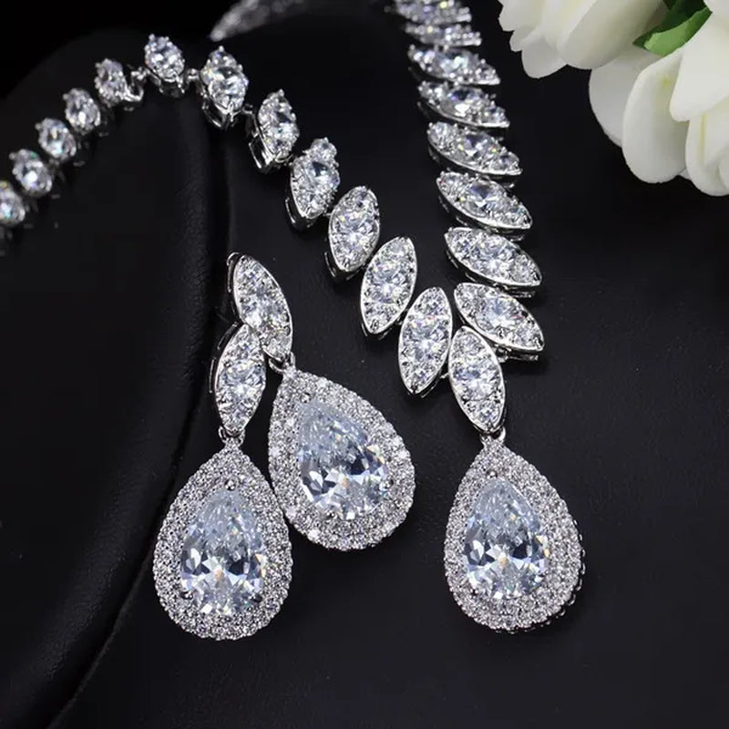 CANDICE Wedding Banquet Jewelry Sets For Brides Waterdrop Earrings Necklace Set Pear Cut Blue Zirconia Silver Plated