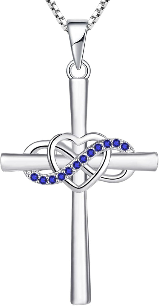 Cross Necklace Sterling Silver Infinity Heart Crucifix Pendant Birthstone Criss Jewelry for Women - WORLD TIME VISITS