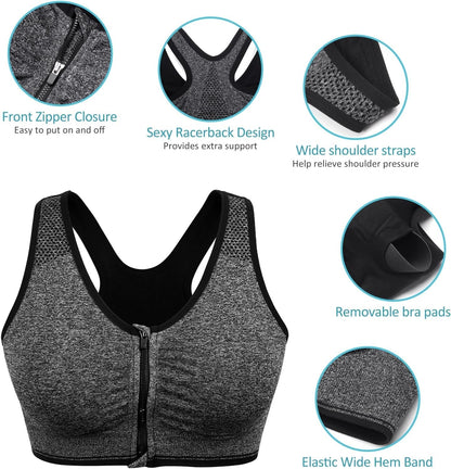Women'S Zip Front Sports Bra Wireless Post-Surgery Bra Active Yoga Sports Bras