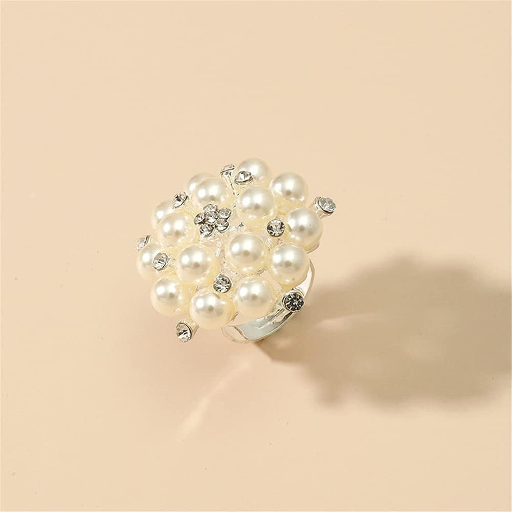 Big CZ Pearl Statement Wedding Ring for Women Girls Vintage CZ Crystal Faux Pearls Ball Flower Adjustable Open Band Wrap Birthday Cocktail Party Ring Comfort Fit Exaggerated Jewelry Gift