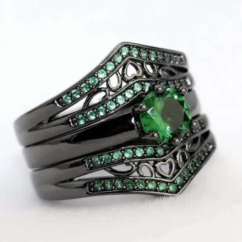 Sz6-12 Couple Rings Green Fiber Cz Titanium Steel Mens Wedding Bands Black Gold Filled Emerald Womens Wedding Ring Sets