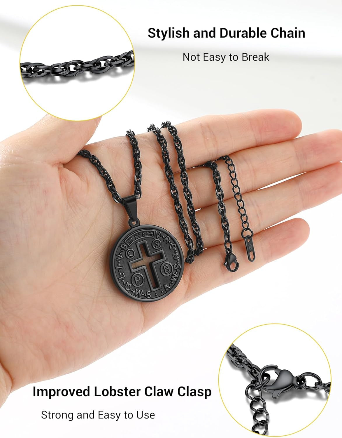 Stainless Steel Saint Benedict Medal Necklace, Protection Jewelry for Men Women, 18K Real Gold Plated, 22Inch-24Inch Adjustable, Come Gift Box