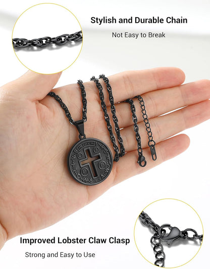 Cross of St Benedict Necklace Confirmation Cross Jesus Saint Black round Medal Medallion Pendant Catholic Christian Jewelry