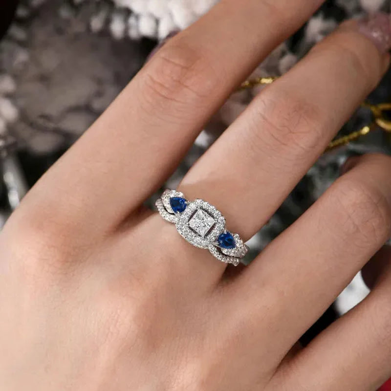 Newshe Wedding Ring Sets For Women Princess Pear Blue Sapphire Engagement Rings Bridal Jewelry 925 Sterling Silver Sz 5-12