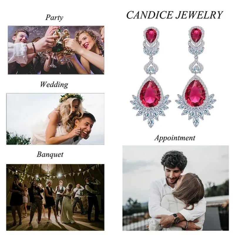 CANDICE Gorgeous Natural Red Green Zirconia Setting Silver Plated Big Teardrop Dangle Earrings for Women Party Dress Accessories - WORLD TIME VISITS