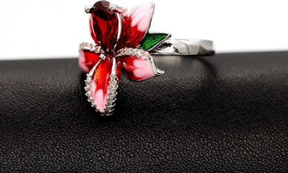 Beautiful Red Enamel Rose Ring for Women Blossom Flower Rings with Pear Cut Cubic Zirconia Cocktail Summer Ring RA627