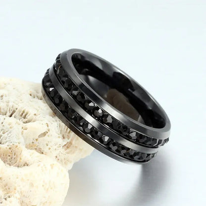 Fashion Exquisite Women Men 8mm Stainless Steel Unique Double Row Crystal Diamond Ring Wedding Band Jewelry Gifts(Size 5-13)