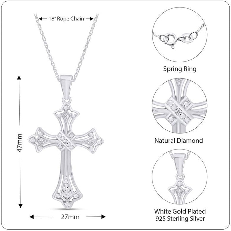 round Shape White Natural Diamond Accents Cross Pendant Necklace in 14K Gold over Sterling Silver