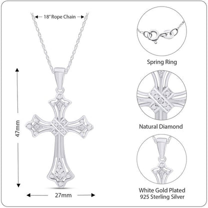 round Shape White Natural Diamond Accents Cross Pendant Necklace in 14K Gold over Sterling Silver