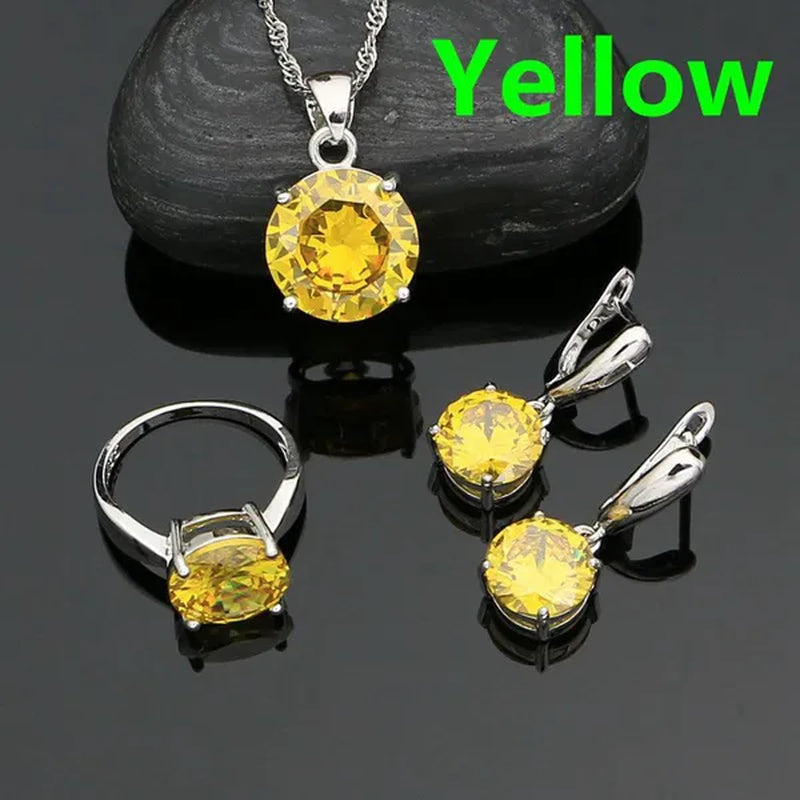 925 Sterling Silver Jewelry Sets Green Emerald Earrings Ring Pendant Neckalce round Jewelry Women Accessories - WORLD TIME VISITS